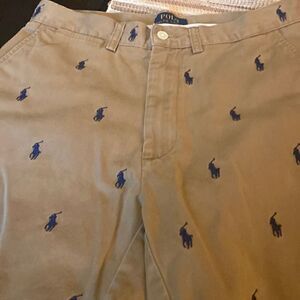 EUC camel color flat front shorts with navy pony size 29